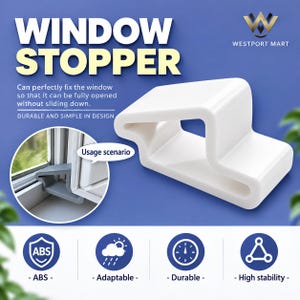 Könnte beinhalten: Ein weißer Fensterstopper mit geschwungenem, kantigem Design. Das Bild enthält den Text WINDOW STOPPER, WESTPORT MART sowie Beschriftungen für ABS, Adaptable, Durable und High stability, ergänzt durch einen kreisförmigen Einsatz zur Anwendung.