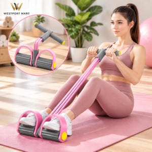 May include: A resistance exercise tool featuring a grey T-shaped handle with yellow accents, connected by three pink elastic tubes to two grey foot pedals with pink loops. The device is designed for seated rowing and full-body stretching exercises.