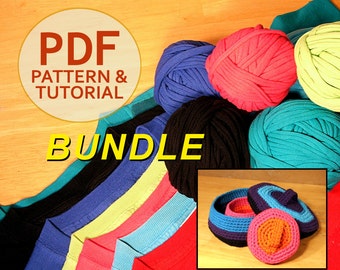 T-Shirt Yarn Tutorial and Crochet Patterns, Large and Small Crochet Baskets with Lids Pattern Bundle