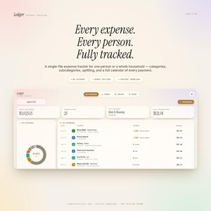 Puede incluir: Una interfaz de seguimiento de gastos llamada Ledger, que muestra un panel con un gráfico de anillos, una lista de transacciones y métricas resumidas. El texto dice: Every expense. Every person. Fully tracked. Un rastreador para una persona o un hogar.