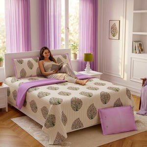 Hand Block Print Cotton Bedspread Set, King Size Bedding Set 102x106, Soft Lilac Leaf Print Flat Sheet with 2 Pillow Covers, Handmade Gift.