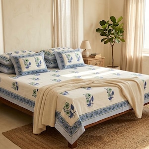 Prześcieradło bawełniane z nadrukiem Jaipuri Block Print w rozmiarze king-size, narzuta na łóżko z indyjskimi kwiatami i poszewkami na poduszki, wystrój sypialni w stylu boho, ręcznie drukowany blok 100x108