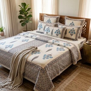 Jaipurio Authentic Jaipuri Block Print 100% Pure Cotton King Size Bedsheet with 2 Pillow Covers (Blue Floral Motif)