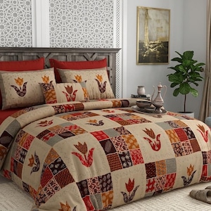 Rajasthani Block Print Bedsheet Set, 100% Premium Cotton King Size Bedcover with 2 Pillow Covers, Traditional Indian Bedspread.