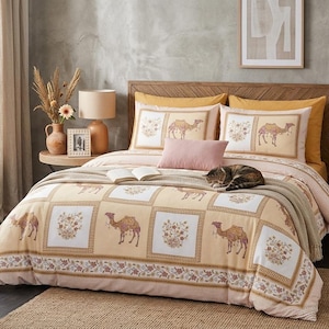 Rajasthani Camel  Block Print Bedsheet Set, 100% Premium Cotton King Size Bedcover with 2 Pillow Covers, Traditional Indian Bedspread.