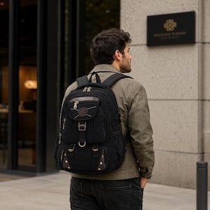Puede incluir: Una mochila de lona negra con múltiples compartimentos con cremallera, detalles en cuero sintético marrón, hebillas metálicas y un emblema circular en el bolsillo delantero. Incluye correas ajustables para los hombros y bolsillos laterales.