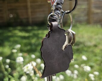 Genuine Leather Michigan Shaped State Keychain Clip Bag charm keys Brown, Midwest Custom Yooper Clip accessory Gift Favor