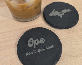 Michigan Coaster 2 Set Laser Engraved Slate 4" Round Drinkware Bar Waterproof Midwest Saying Ope Upper Peninsula Christmas Gift Yopper