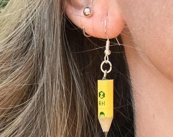Real #2 Pencil Ticonderoga Earrings Drop Dangle Sterling Silver Teacher Gift, Quirky Gift for Artist Jewelry Drawing Tool Recycle Upcycle