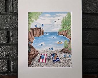 Marquette Blueberry Festival Art Print 5x7 & 8x10 Framed Matte Hand Drawn Illustration Poster Winner Black Rocks Beach Michigan Nature Beach