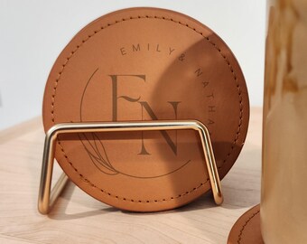 Monogram Leather Coasters with Gold Metal Holder, Personalized Wedding Gift, Set of 6
