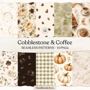 Peut inclure: Une collection de 14 motifs numériques sans couture intitulée Cobblestone & Coffee. Les designs présentent des illustrations à l'aquarelle de grains de café, tasses, citrouilles, feuilles d'automne, motifs floraux, journaux et carreaux vichy verts.