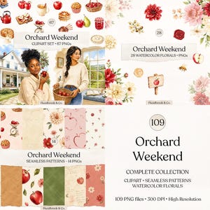 May include: A digital graphic design collection titled Orchard Weekend featuring 109 PNG files including watercolor illustrations of apples, floral arrangements, baked goods, and seamless patterns, alongside scenes of people in an orchard setting.