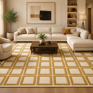 Puede incluir: Una alfombra rectangular grande con un patrón geométrico repetitivo de cuadrados de color amarillo mostaza sobre un fondo crema. La alfombra cubre el suelo frente a un sofá seccional y presenta una construcción de pelo texturizado.