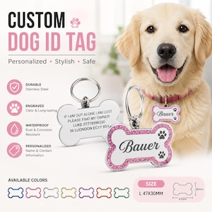 Peut inclure: Une médaille d'identification pour chien en forme d'os en acier inoxydable avec une bordure à paillettes roses et le nom Bauer gravé. La médaille inclut un anneau métallique et mesure 47mm par 30mm. Le verso porte des informations de contact.