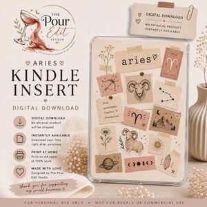Puede incluir: Un inserto digital para Kindle con temática de Aries, que incluye recortes de papel beige y rosa, ilustraciones de un carnero, constelaciones, planetas y el texto 'aries', 'bold passionate fearless determined' y 'ARIES'.