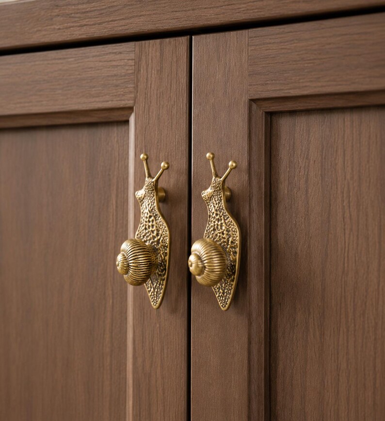 Unique Drawer Pulls, Brass Handle Knobs, Antique Snail Cabinet Hardware image 1