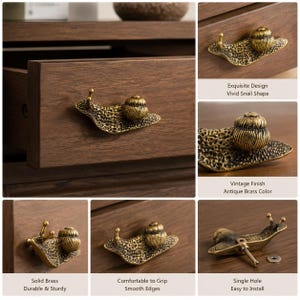 Unique Drawer Pulls, Brass Handle Knobs, Antique Snail Cabinet Hardware image 3