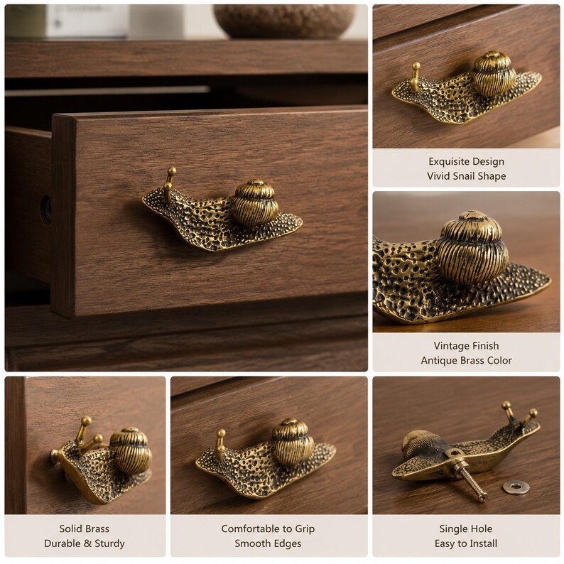 Unique Drawer Pulls, Brass Handle Knobs, Antique Snail Cabinet Hardware image 3