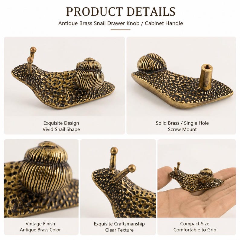 Unique Drawer Pulls, Brass Handle Knobs, Antique Snail Cabinet Hardware image 4