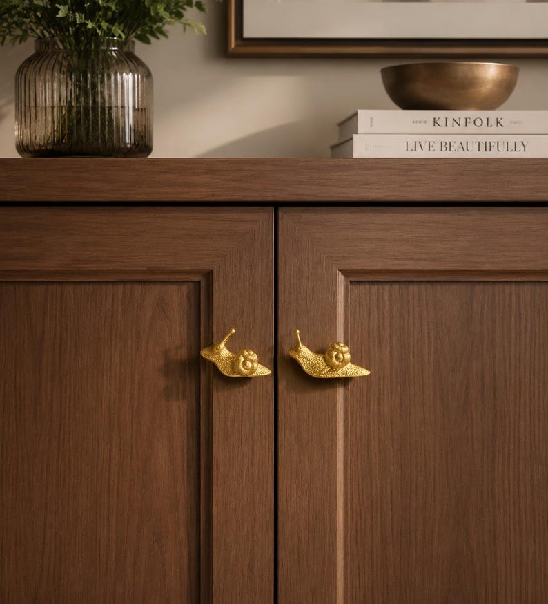 Unique Drawer Pulls, Brass Handle Knobs, Antique Snail Cabinet Hardware image 6