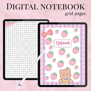 Digitaal dagboek met aardbeienbeer-raster, esthetisch notitieboek voor iPad (GoodNotes)