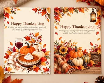 Set van 2 Thanksgiving-wenskaarten, printbare kaarten van 5x7 inch, herfstthema, digitale download.
