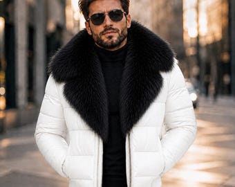 Weiße, übergroße Herren-Leder-Steppjacke mit Pelzkragen