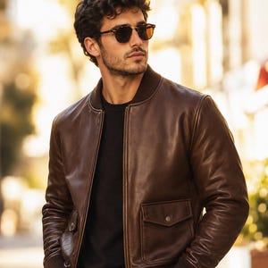 Men’s Brown Lambskin Leather Bomber Jacket – Genuine Leather Varsity Style Coat – Classic Outerwear