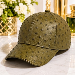 Luxury Handmade Olive Green Ostrich Embossed Leather Baseball Cap – Exotic Hat for Men & Women