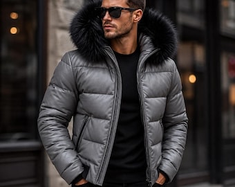 Graue Herren-Leder-Steppjacke | Gesteppte Kapuze aus Kunstpelz, warmer Wintermantel