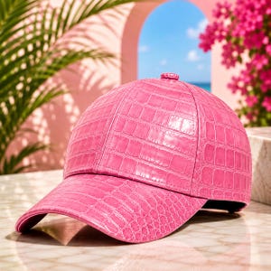 Pink Croc Embossed Leather Baseball Cap Luxury Streetwear Style