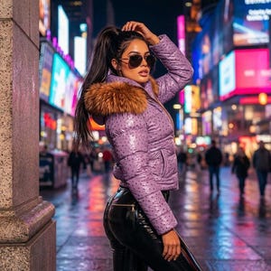 Op de afbeelding: Een lavendelkleurige donsjas met een gestructureerd stippenpatroon, een bruine imitatiebontkraag aan de capuchon en lange mouwen, gecombineerd met een zwarte broek. De jas heeft een ritssluiting aan de voorzijde en zijzakken, gedragen met een zonnebril.