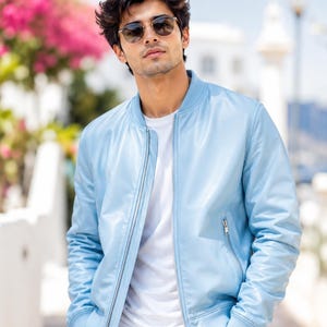 Giacca bomber in pelle di pecora azzurra – Stile motociclistico di lusso da uomo