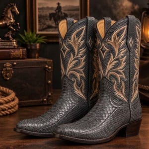 Könnte beinhalten: Ein Paar dunkelgraue Cowboystiefel mit einer strukturierten schlangenlederartigen Optik am Fuß und Schaft. Der Schaft ist mit aufwendigen beigefarbenen Stickereien in Blattform verziert und verfügt über seitliche Anziehschlaufen sowie einen Absatz.