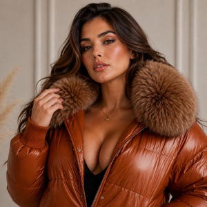 Puede incluir: Una chaqueta acolchada de color cobre brillante con un cuello grande y esponjoso de piel sintética marrón, puños de punto acanalado y un cierre de cremallera frontal con botones de presión metálicos visibles. La chaqueta tiene textura acolchada.