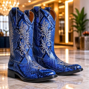 May include: A pair of mid-calf cowboy boots featuring a vibrant blue snakeskin-textured pattern. The boots are adorned with intricate gold-toned embroidery in a leaf-like design on the shaft and toe, finished with a black sole and a low heel.