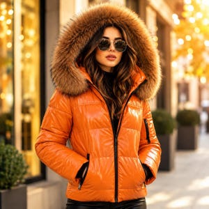 Women Orange Puffer Leather Jacket With Faux  Fur Hood, Casual Fashion, Pufferjacken dmen