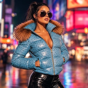 May include: A light blue puffer jacket with a textured ostrich-skin pattern, a brown faux fur hood trim, and a gold-tone front zipper. The jacket features long sleeves and a high collar, paired with black glossy pants and dark aviator sunglasses.