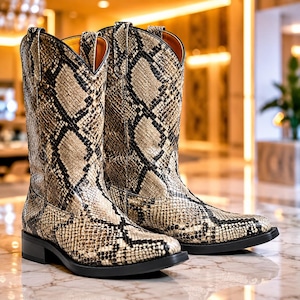 Pode incluir: Um par de botas de cano médio com um padrão texturizado de pele de cobra em tons de bege, castanho e preto. As botas têm uma silhueta clássica de estilo western com biqueira pontiaguda, salto baixo e presilhas no topo do cano.