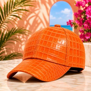 Gorra de béisbol de cuero con relieve de cocodrilo, color naranja tostado, hecha a mano, de lujo, unisex, estilo streetwear.