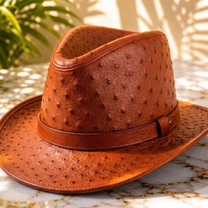 Peut inclure: Un chapeau fedora de couleur cognac présentant une surface texturée distincte avec des bosses en relief rappelant des plumes. Le chapeau comprend une bande en cuir assortie entourant la calotte, finie par un petit rivet métallique.