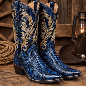 Blue Python Leather Cowboy Boot | Mens Western Boots Embroidery