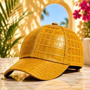 Boné de couro amarelo mostarda com estampa de crocodilo – Boné de beisebol de luxo