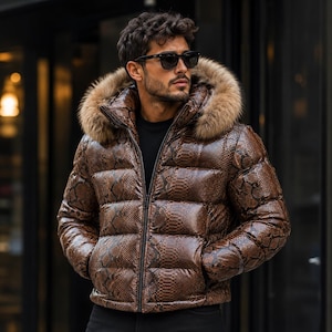 Luxury Men's Brown Python Puffer Jacket, Quilted Zip  Coat,Damen Lederjacken