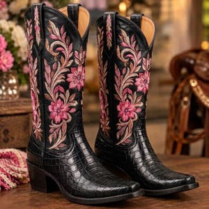 Könnte beinhalten: Ein Paar schwarze Cowboystiefel mit einer strukturierten Krokodilleder-Optik am Fuß und Schaft. Der obere Schaft ist mit einer aufwendigen Blumenstickerei in Rosa- und Hellbrauntönen verziert, die sich vom schwarzen Lederuntergrund abhebt.