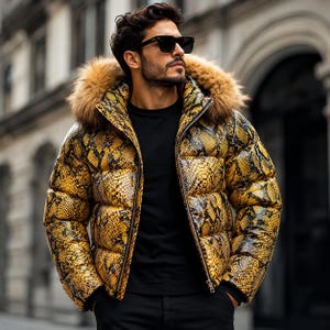 Yellow Snake Print Leather Puffer Jacket with Faux Fur Hood, Men’s Winter Jacket