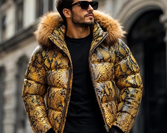 Gelbe Steppjacke aus Leder mit Schlangenmuster und Kapuze aus Kunstpelz, Herren-Winterjacke