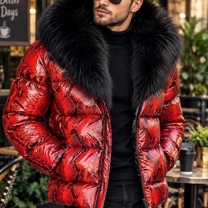 Men's Red Snakeskin Puffer Jacket with Faux Fur Collar | Glossy Python Print Coat