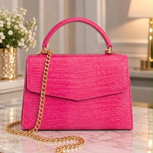 Sac en cuir de crocodile rose fuchsia gaufré, cadeau pour elle/maman, sacs pour femmes